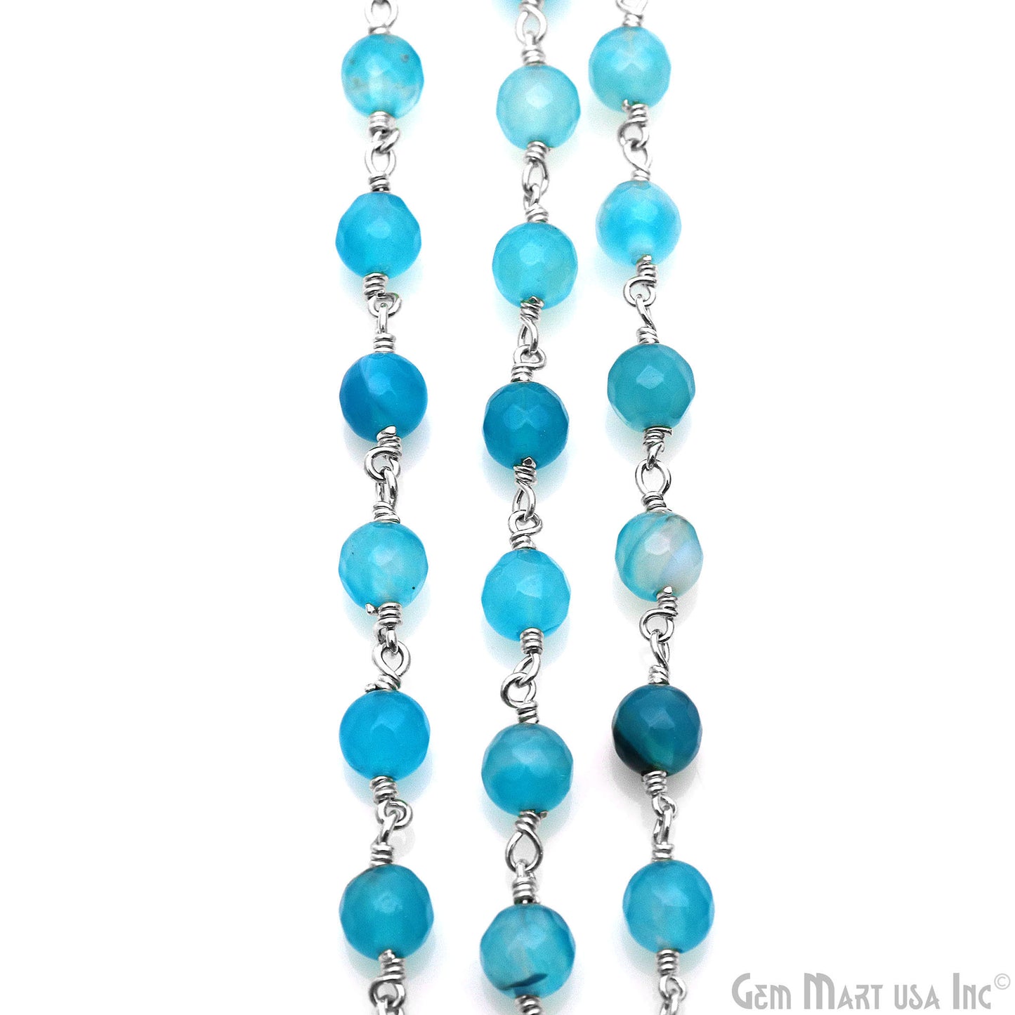 Sky Blue Jade 6mm Silver Plated Wire Wrapped Rosary Chain