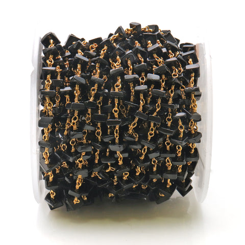 Black Spinel Square Beads 4-5mm Gold Wire Wrapped Rosary Chain