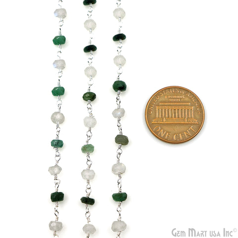 Emerald & Rainbow Faceted Beads 4mm Silver Wire Wrapped Rosary Chain