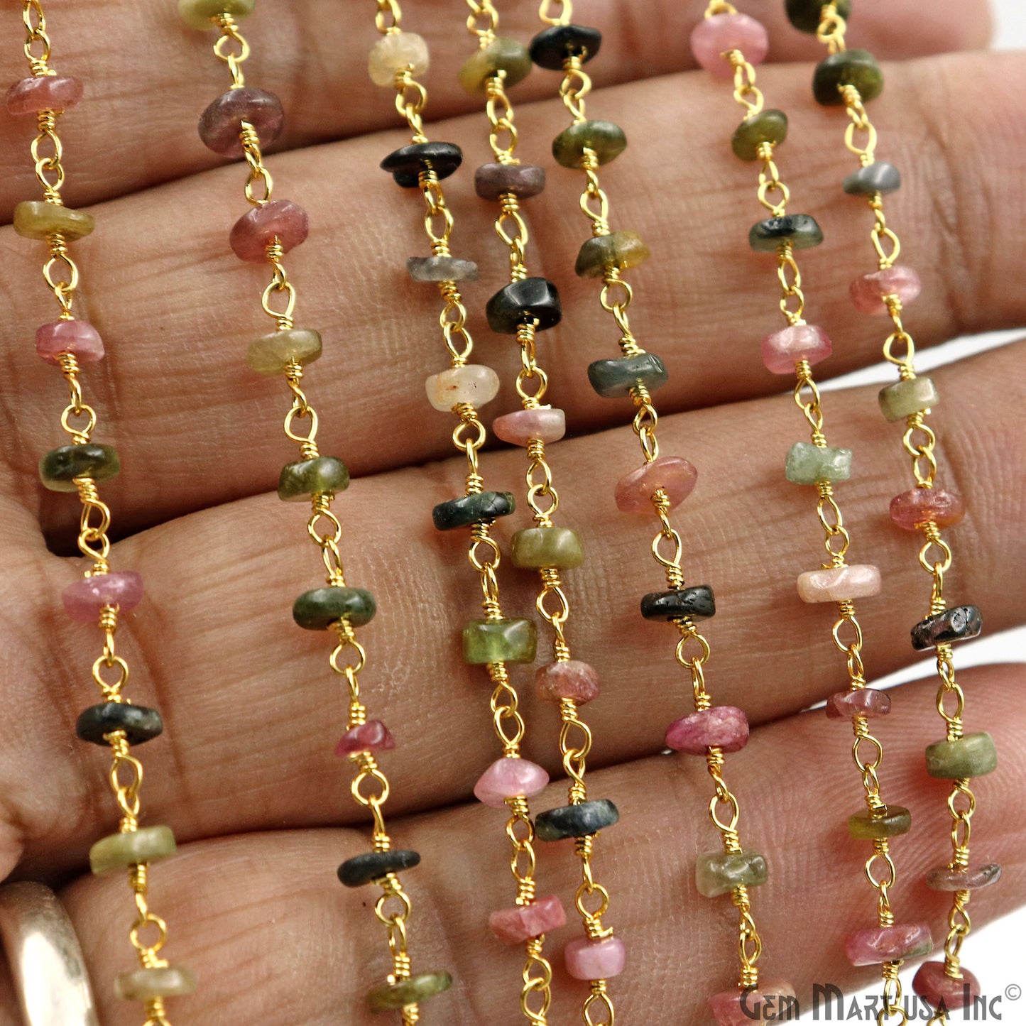 Multi Tourmaline Cabochon 4-5mm Gold Wire Wrapped Rosary Chain