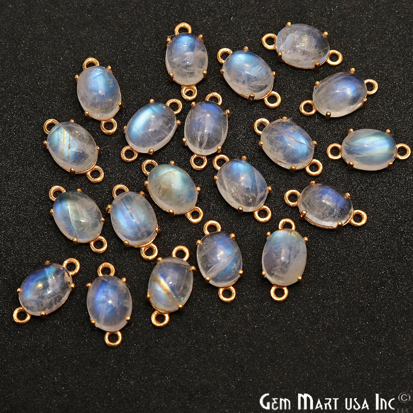 Rainbow Moonstone Cabochon Oval Prong Gold Plated Bail Connector - GemMartUSA