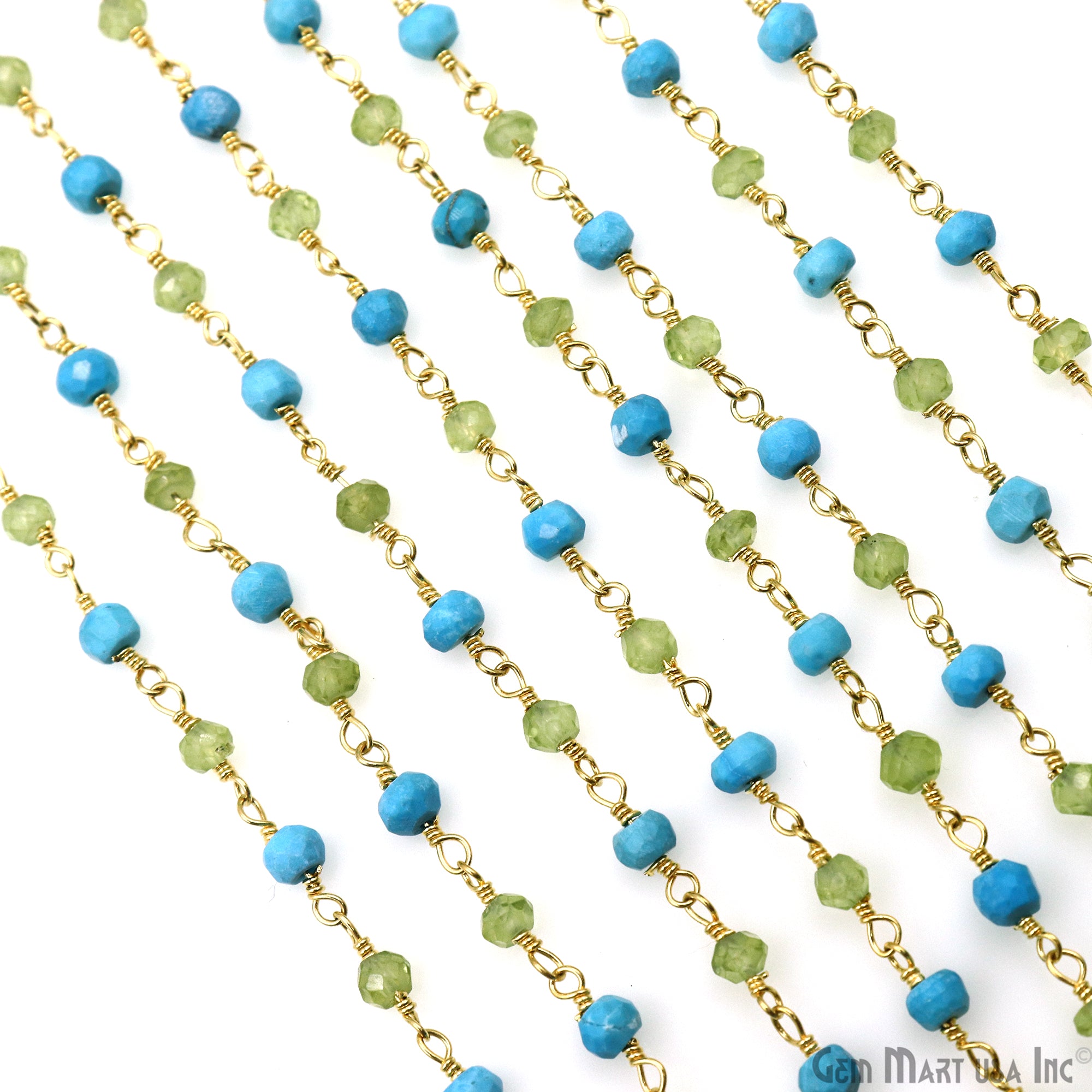 Turquoise & Peridot Bracelet 3-3.5mm Gold Plated Wire Beads Rosary Chain