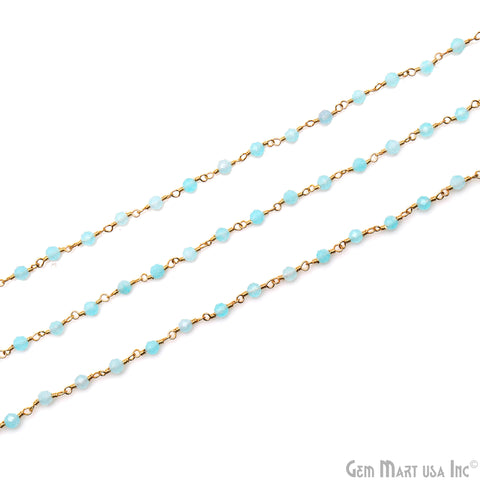 Aqua Chalcedony Gold Plated Beaded Wire Wrapped Rosary Chain (763721613359)