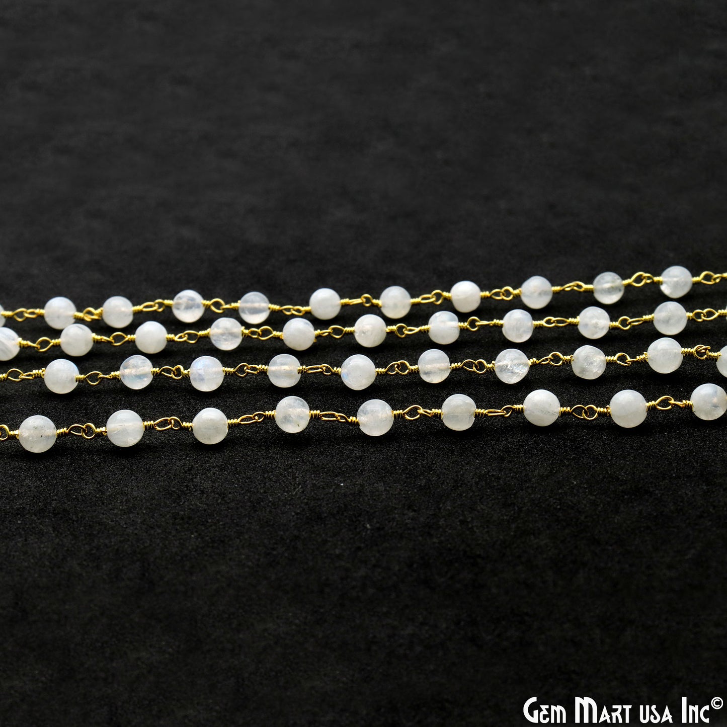 Rainbow Moonstone 4mm Round Smooth Beads Gold Plated Rosary Chain