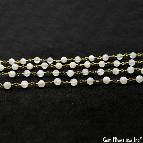 Rainbow Moonstone 4mm Round Smooth Beads Gold Plated Rosary Chain