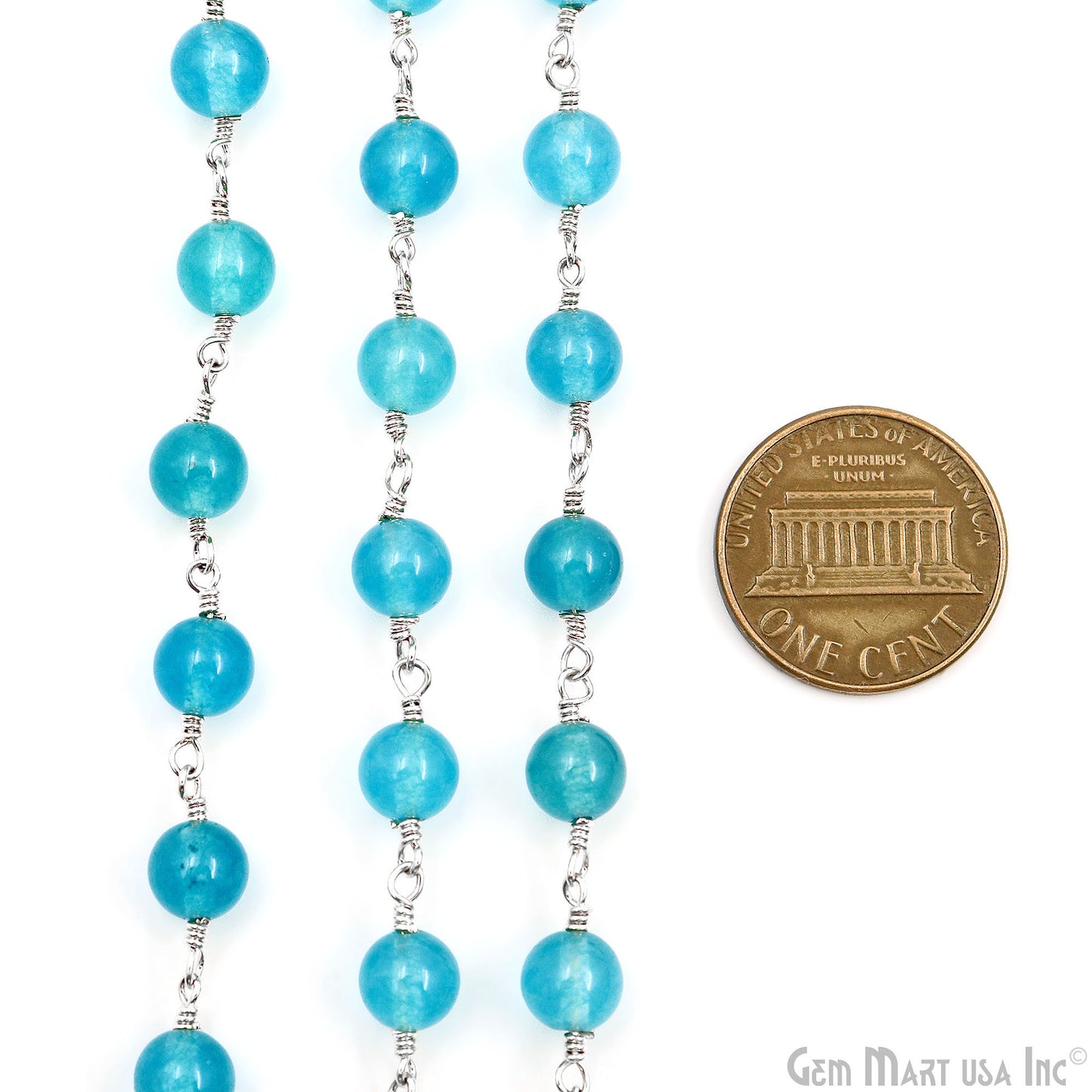 Sky Blue Jade Cabochon Beads 6mm Silver Plated Gemstone Rosary Chain