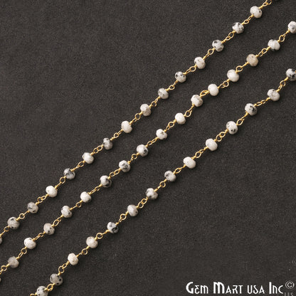 Dendrite Opal Jade Faceted Beads 4mm Gold Plated Wire Wrapped Rosary Chain - GemMartUSA