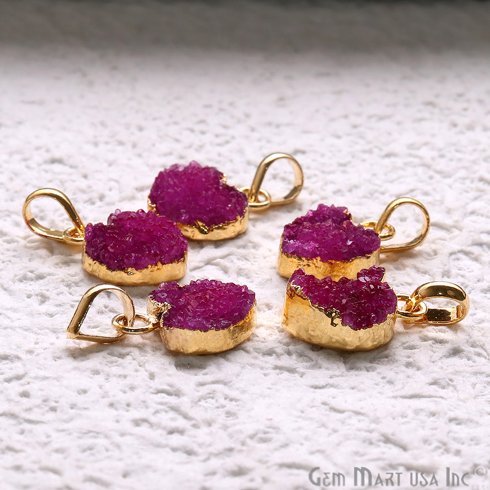 DIY Hot Pink Druzy 14x10mm Heart Shape Gold Edge Necklace Pendant - GemMartUSA