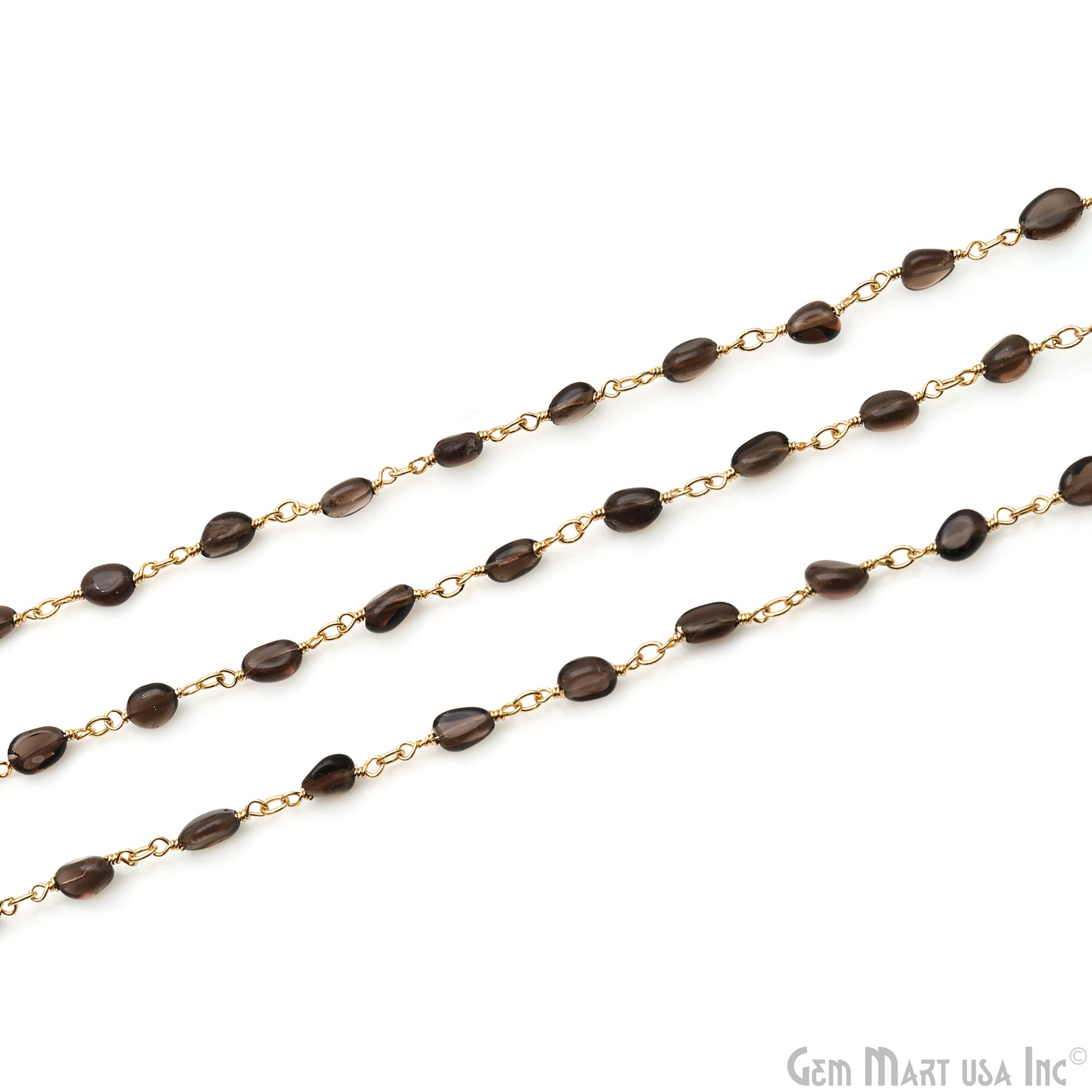 Smoky Topaz Tumble Beads 8x5mm Gold Wire Wrapped Rosary Chain