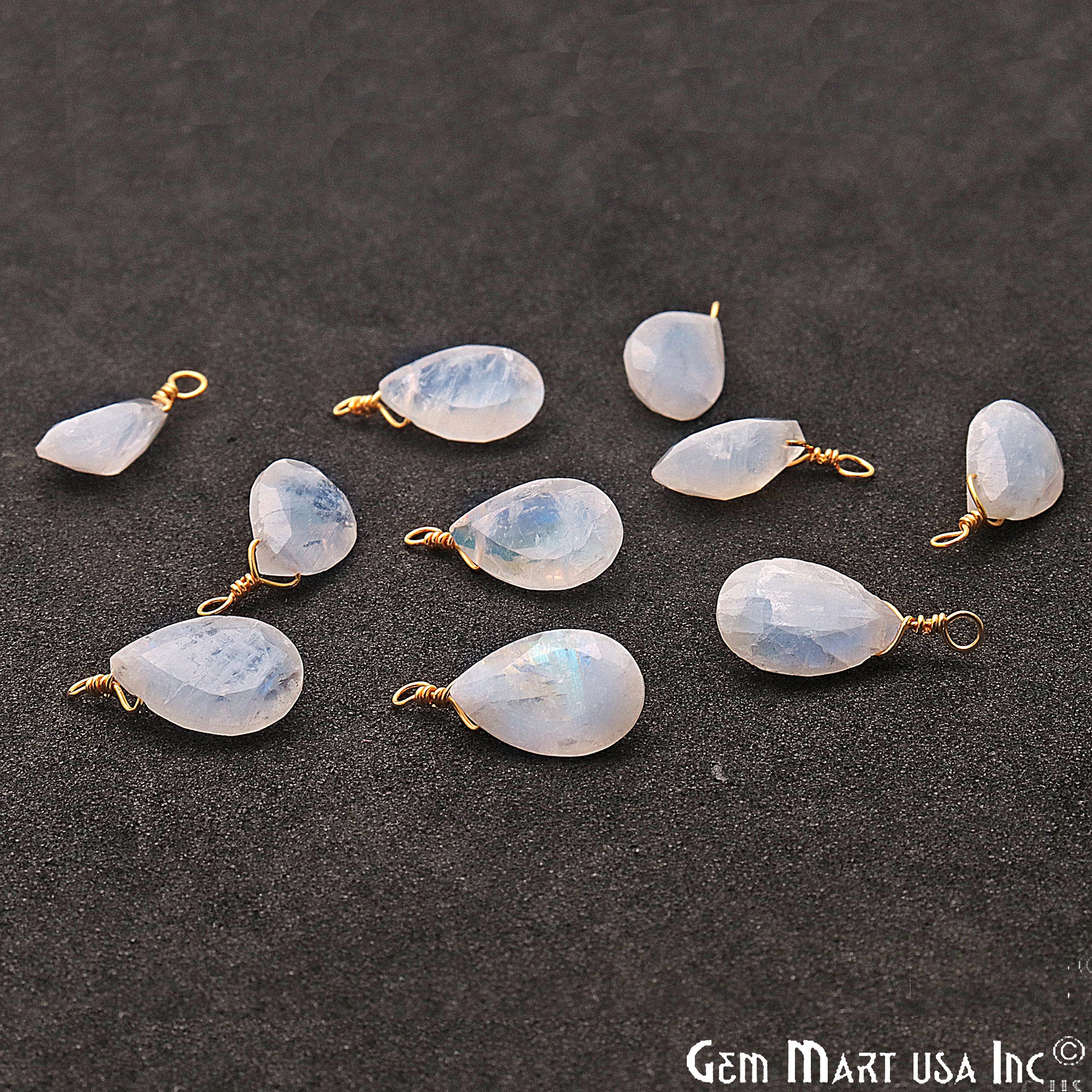 Rainbow Moonstone 8x12mm Pears Single Bail Gold Wire Wrapped Gemstone Connector - GemMartUSA