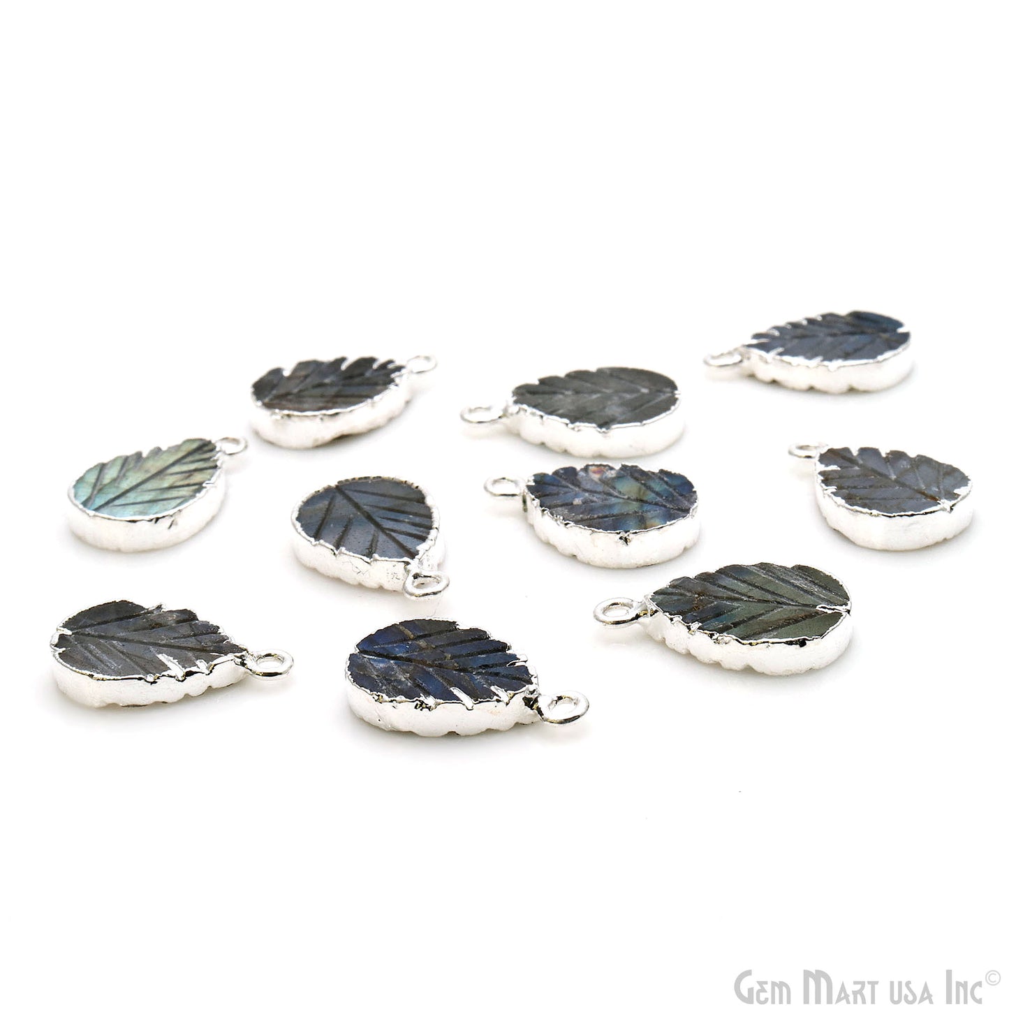 Labradorite Leaf 12x16mm Silver Edged Pendant Connector - GemMartUSA