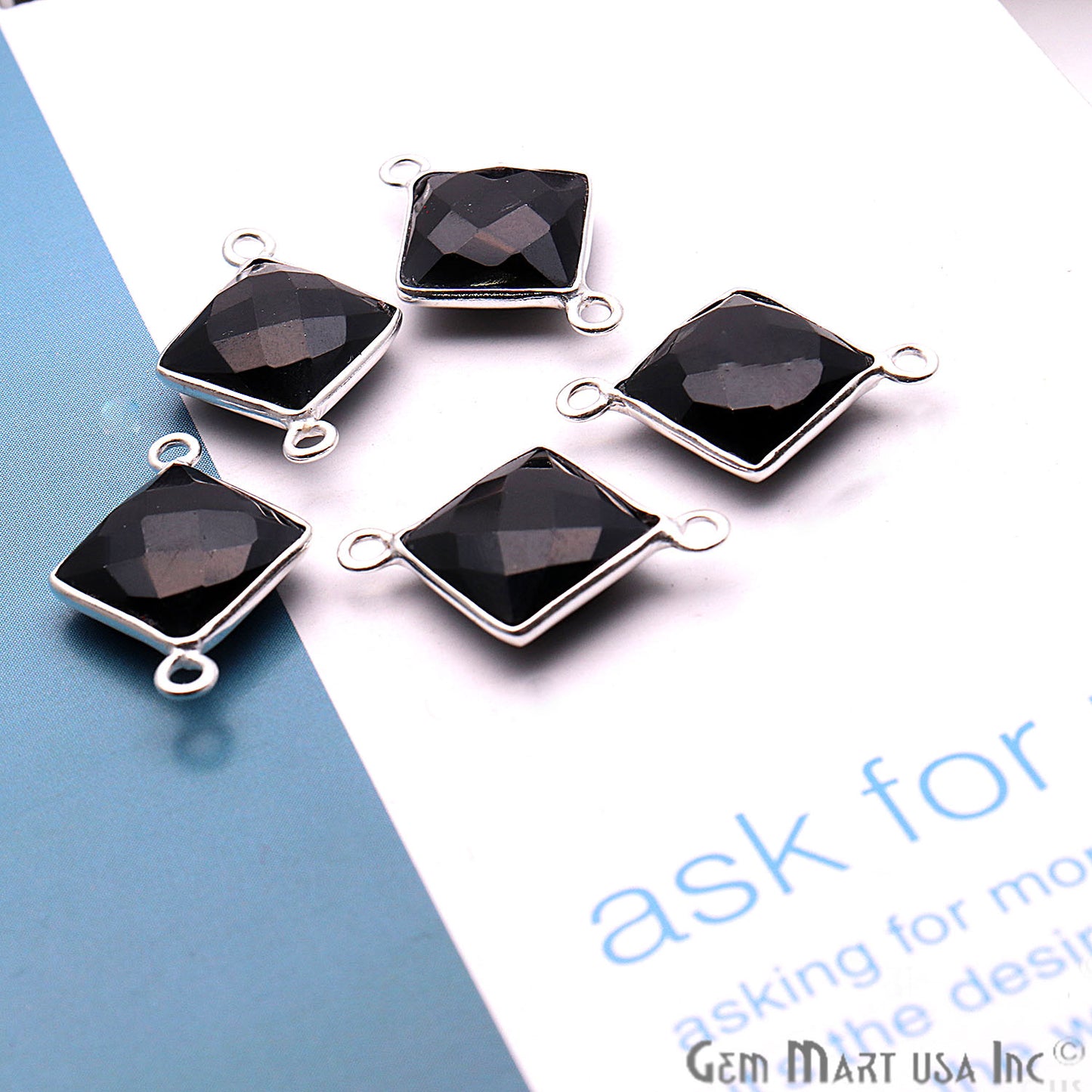 Black Onyx 10mm Square Silver Double Bail Bezel Connector - GemMartUSA