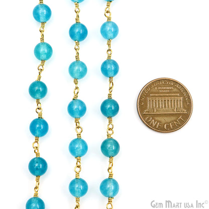 Sky Blue Jade Cabochon Beads 6mm Gold Plated Gemstone Rosary Chain