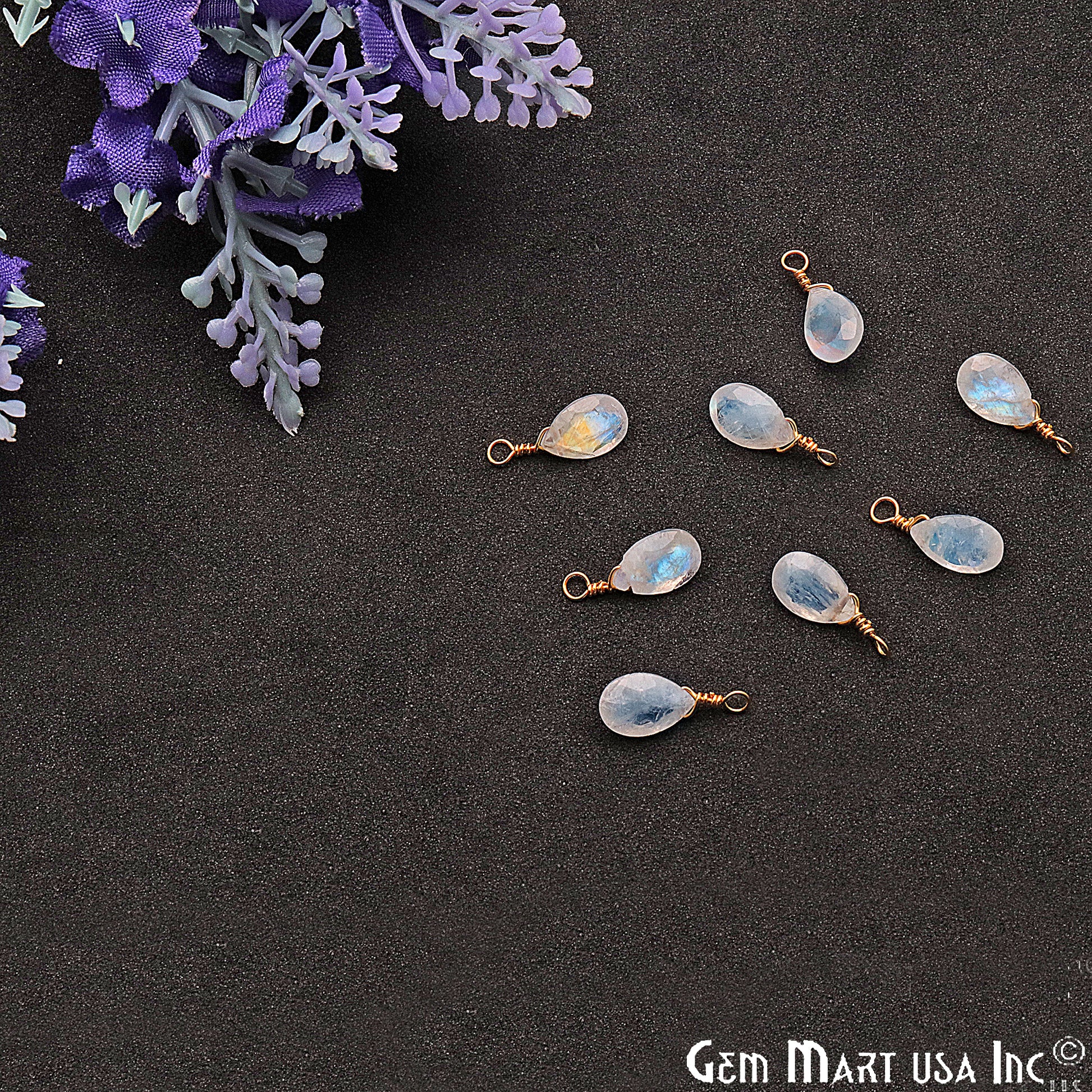 Rainbow Moonstone 6x9mm Pears Single Bail Gold Wire Wrapped Gemstone Connector - GemMartUSA