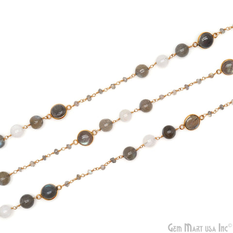 Labradorite & Rainbow Moonstone 5-6mm Beaded Gold Plated Wire Wrapped Rosary Chain