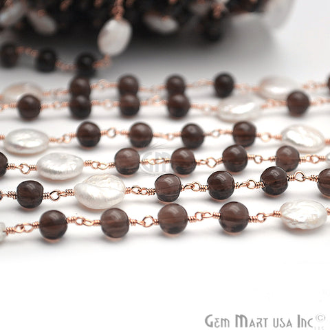Smokey With Pearl 10mm Gold Plated Wire Wrapped Beads Rosary Chain - GemMartUSA (763923398703)