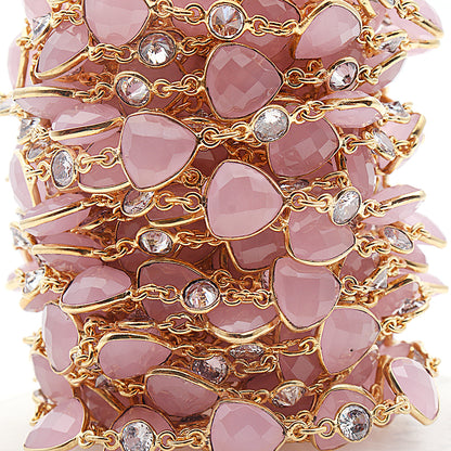 Rose Chalcedony & Crystal Gold Plated Bezel Link Continuous Connector Chain - GemMartUSA