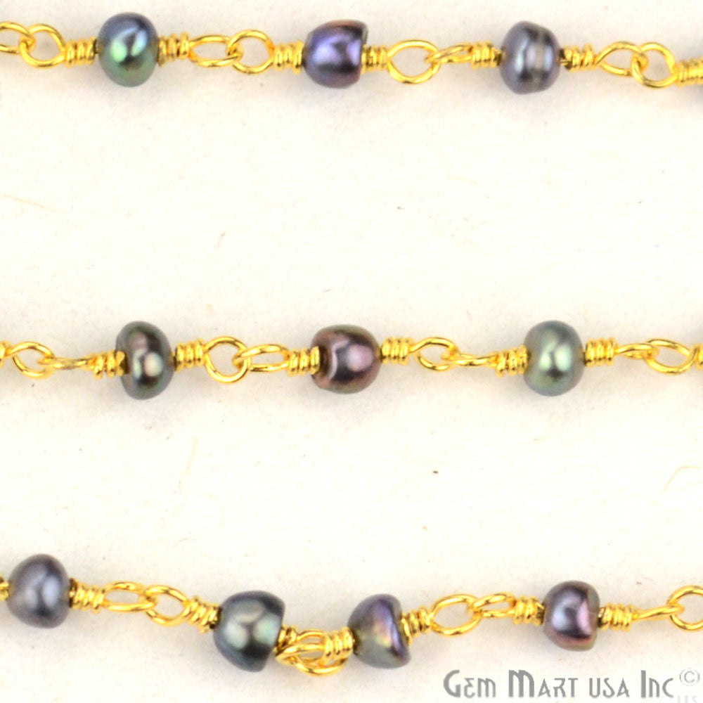 Black Pearl Gold Plated Wire Wrapped Beads Rosary Chain - GemMartUSA (763640643631)