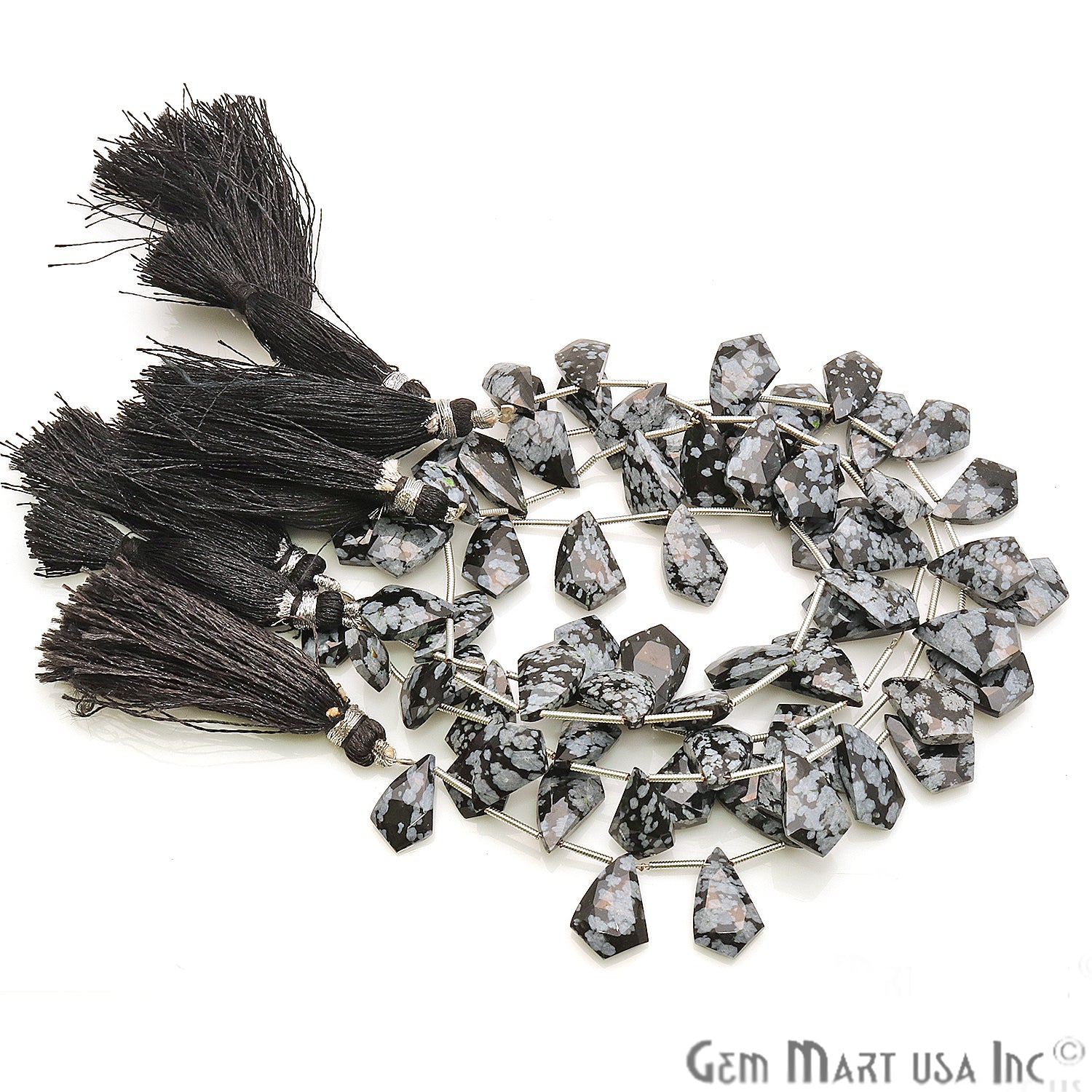 Black Obsidian Gemstone 15x10mm Silver Wire Beaded Handmade Rondelle - GemMartUSA