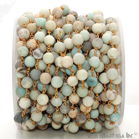 Amazonite Frosted Gold Plated Wire Wrapped Round Beads Rosary Chain - GemMartUSA