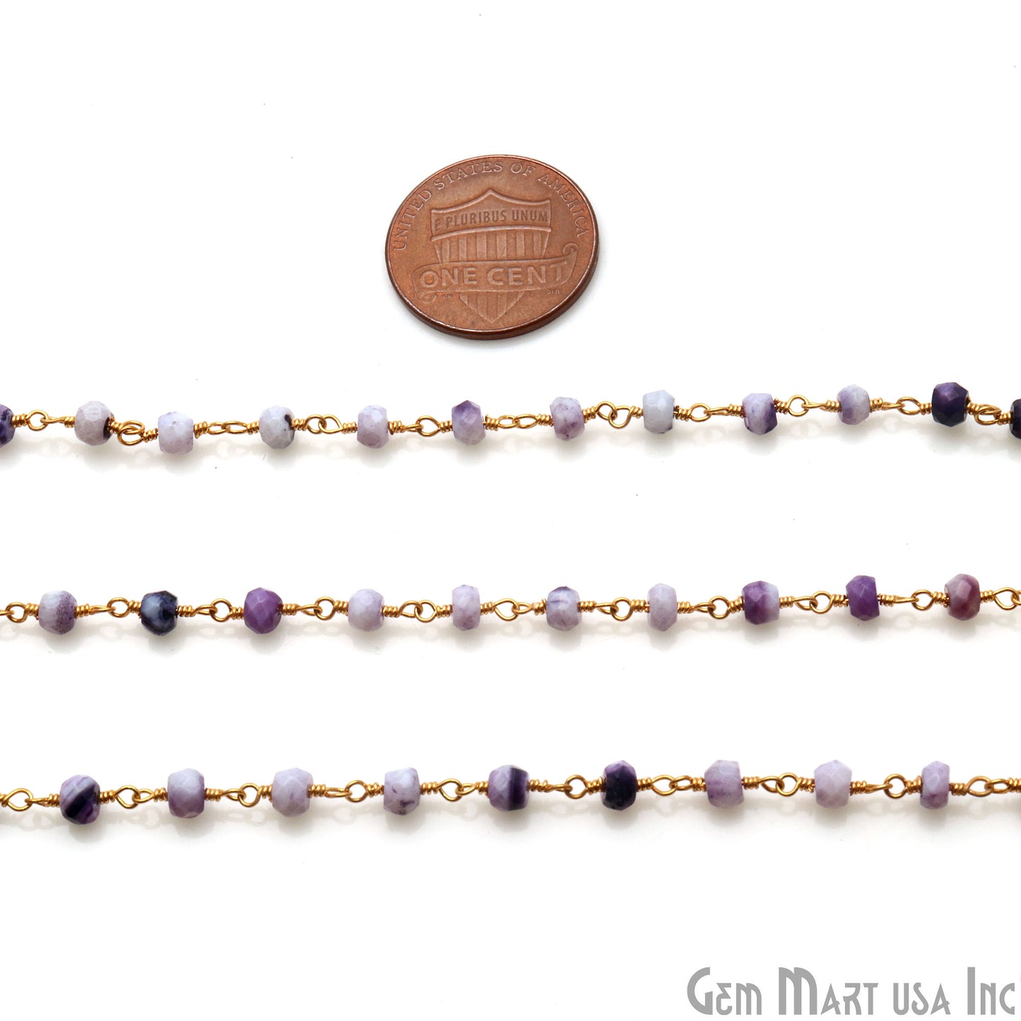 Purple Berry Jade 3-3.5mm Beads Gold Wire Wrapped Rosary Chain - GemMartUSA