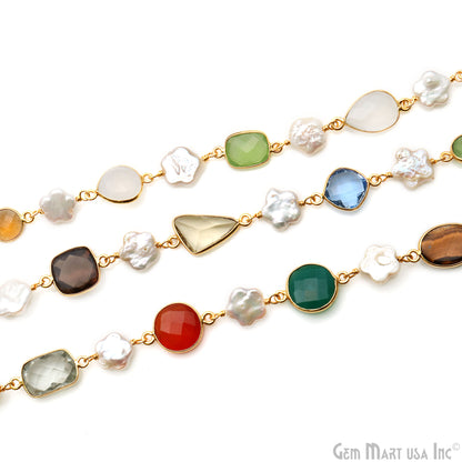 Multi-Color & Mix Shape Gemstone With Star Pearl Beads 10-15mm Gold Plated Bezel Faceted Continuous Connector Chains