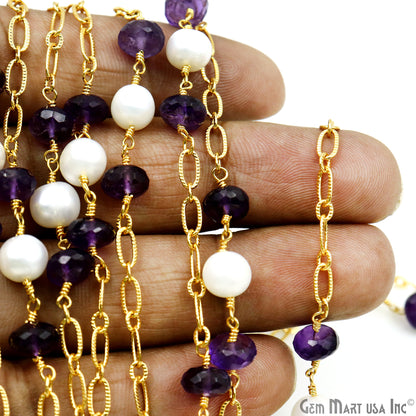 Amethyst & Pearl Round Beads Gold Plated Finding Rosary Chain