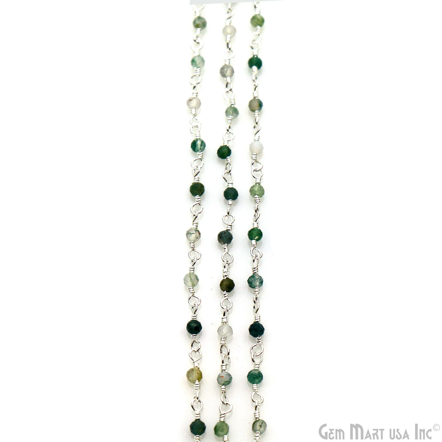 Moss Agate 2-2.5mm Tiny Beads Silver Plated Wire Wrapped Rosary Chain