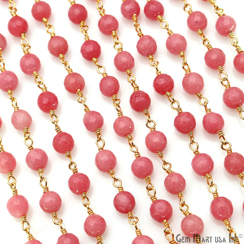 Pink Sunstone jade 6mm Beads Gold Plated Wire Wrapped Rosary Chain (763663515695)