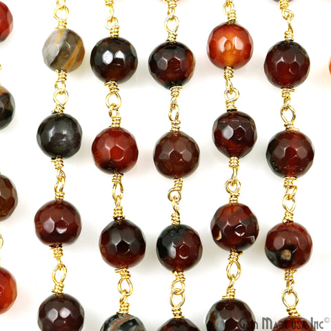 Dark Carnelian Jade Faceted 8mm Gold Plated Wire Wrapped Rosary Chain