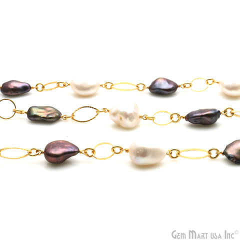 Black Pearl & Pearl With Gold Marquise Finding Rosary Chain