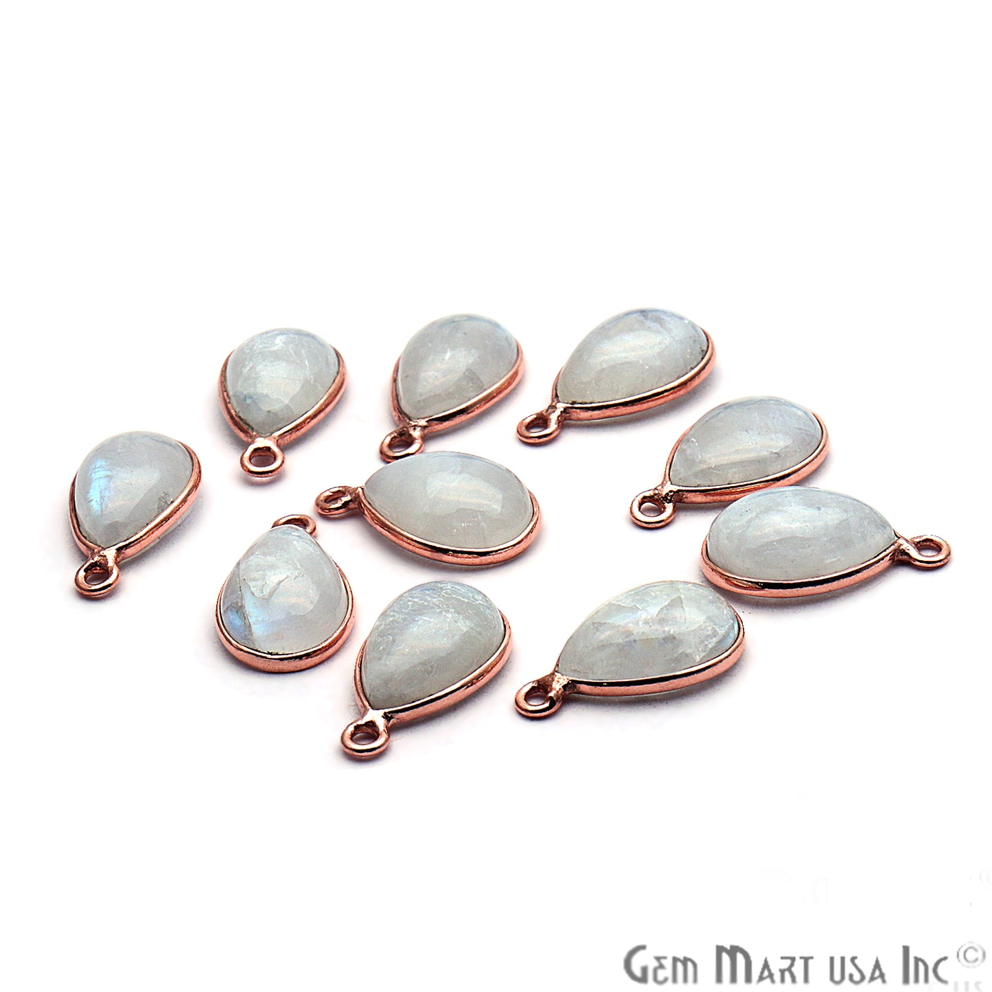 Rainbow Moonstone Cabochon Pear 8x12mm Rose Gold Bezel Connector - GemMartUSA