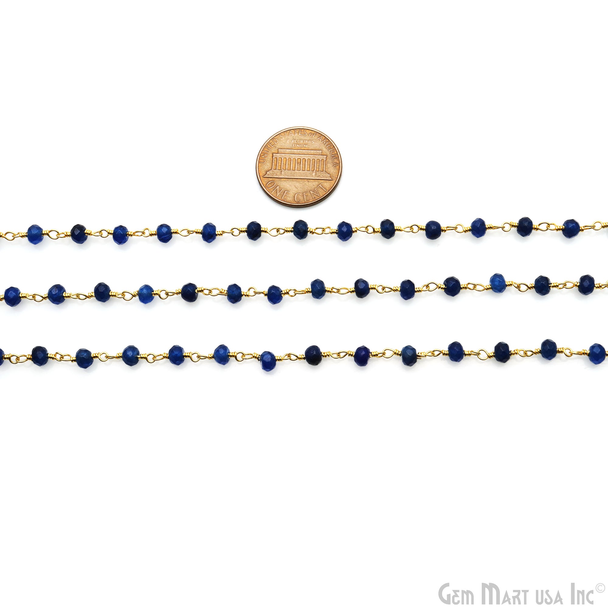 Blue Jade 4mm Faceted Beads Gold Wire Wrapped Rosary Chain