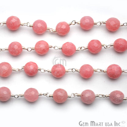 Pink Peach Jade Beads Silver Plated Wire Wrapped Rosary Chain (763960000559)