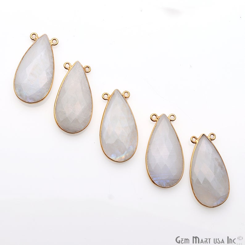 Rainbow Moonstone 30x16mm Pears Gold Plated Double Bail Connector - GemMartUSA