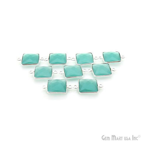 Aqua Chalcedony Square 12mm Silver Plated Double Bail bezel Gemstone Connector