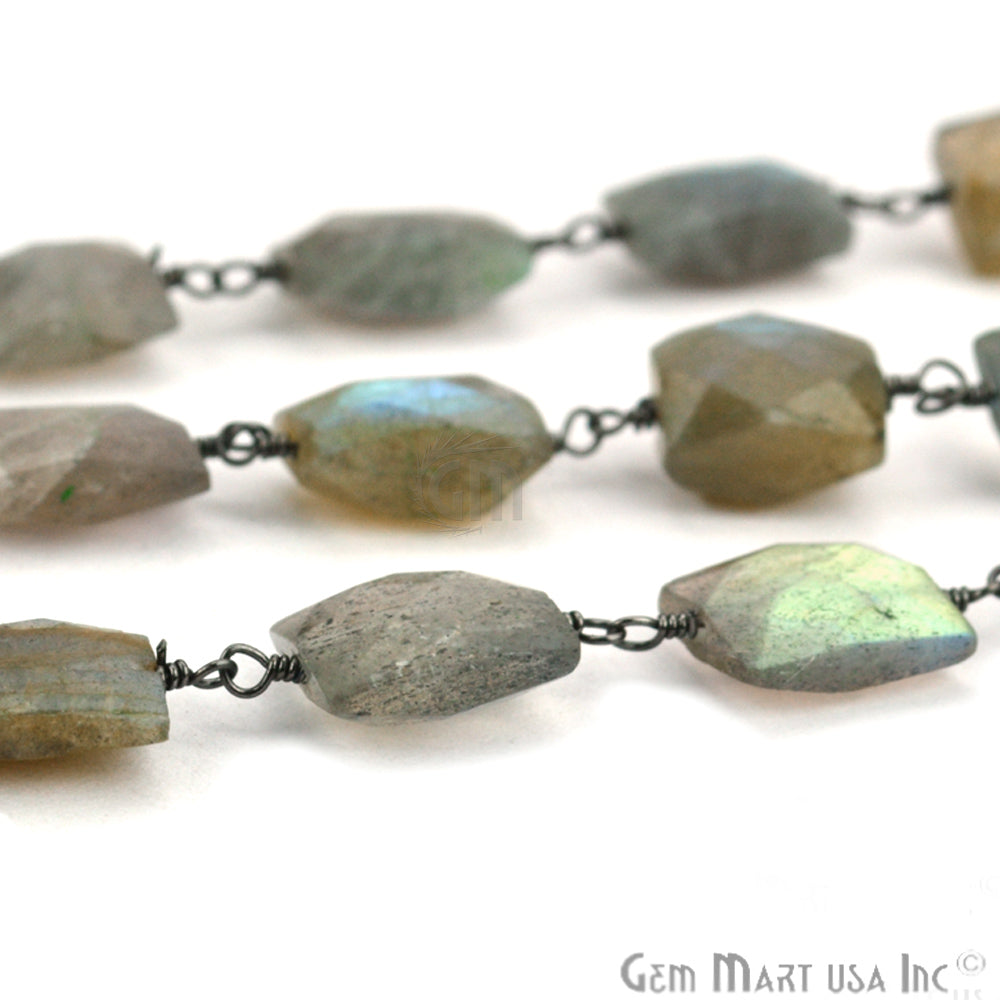 Labradorite Rectangle 7x9mm Beaded Oxidized Wire Wrapped Rosary Chain - GemMartUSA