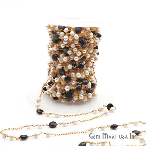Black Spinel 6mm Pearl 5mm Beaded Gold Plated Wire Wrapped Rosary Chain - GemMartUSA