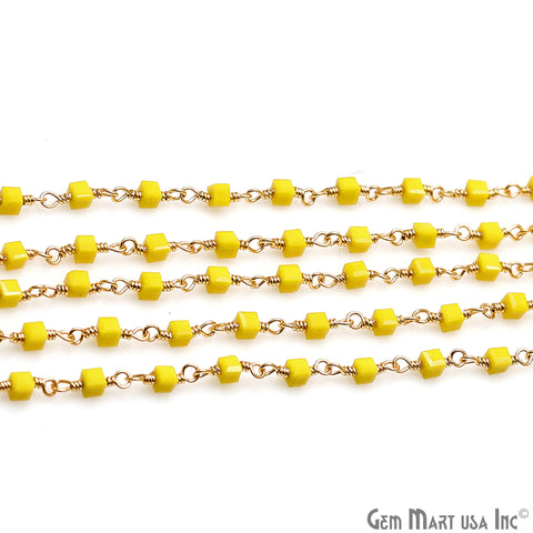 Yellow Agate Cube Faceted 2mm Gold Wire Wrapped Rosary Chain - GemMartUSA