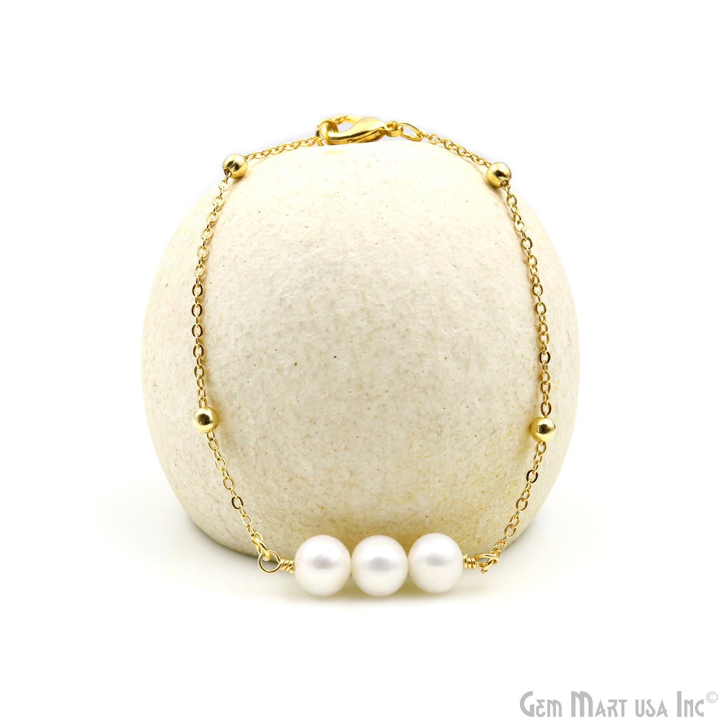 Pearl Round Gemstone Chain With Lobster Clasp Bracelet 7Inch