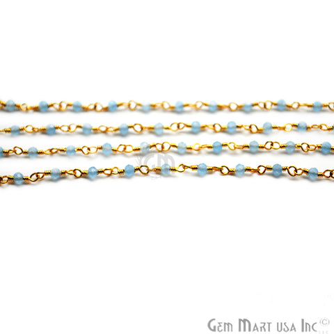 Light Blue Chalcedony Gold Plated Wire Wrapped Gemstone Beads Rosary Chain - GemMartUSA (762912997423)