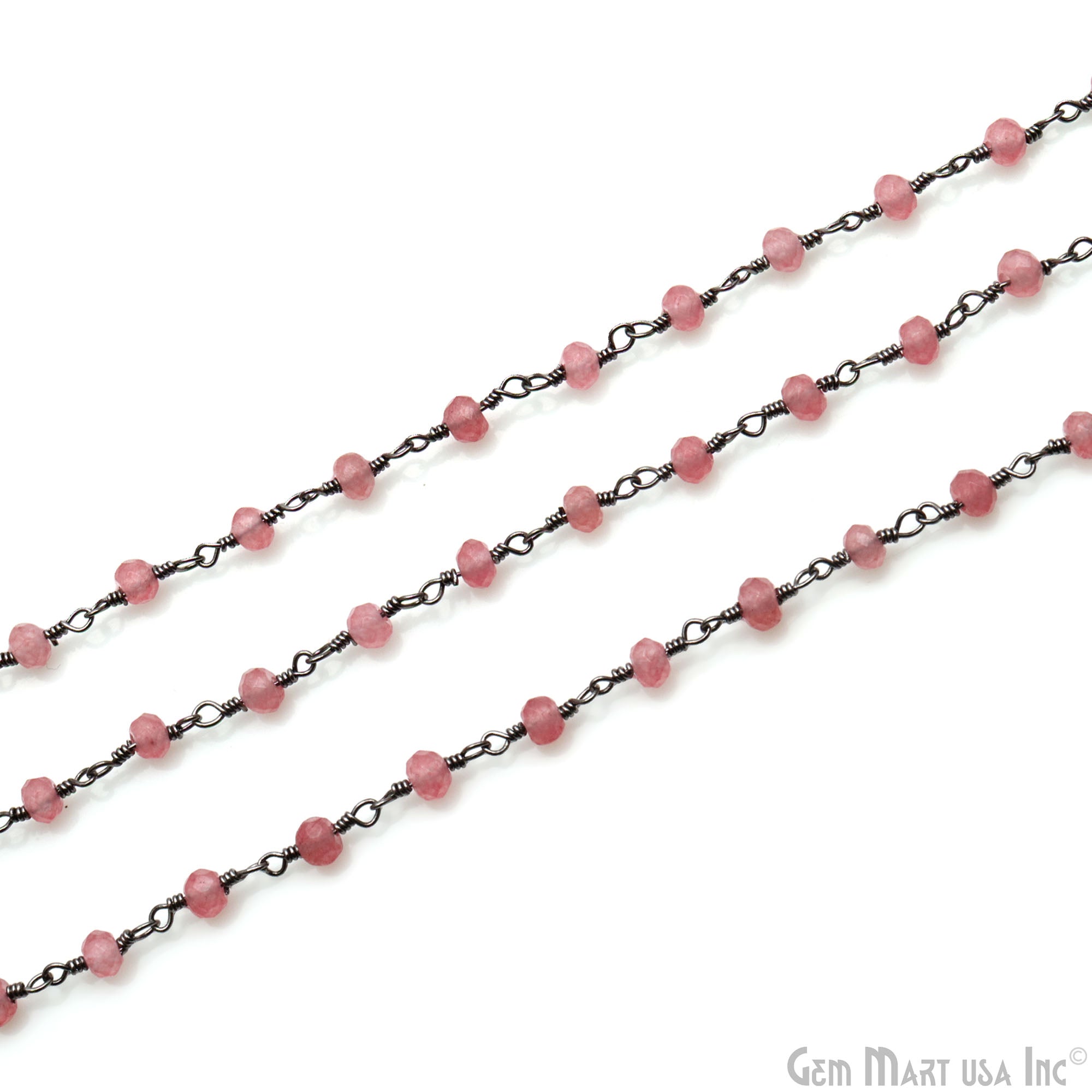 Pink Jade 4mm Faceted Beads Oxidized Wire Wrapped Rosary Chain