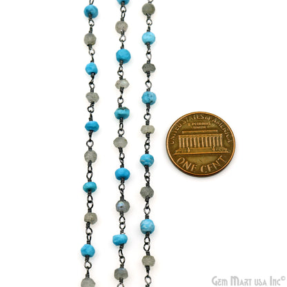 Turquoise & Labradorite 3-3.5mm Oxidized Faceted Beads Wire Wrapped Rosary Chain