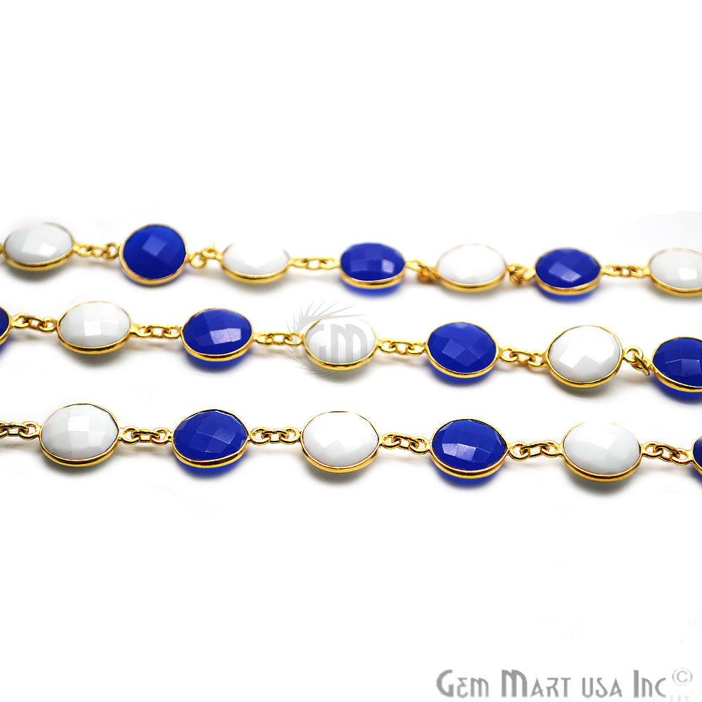 Blue Chalcedony & White Agate 12mm Round Gold Bezel Continuous Connector Chain - GemMartUSA (764267659311)