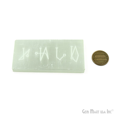 Selenite Rectangle Plate Shape 79x38mm Engraved Symbols Reiki Healing Meditation Gemstones