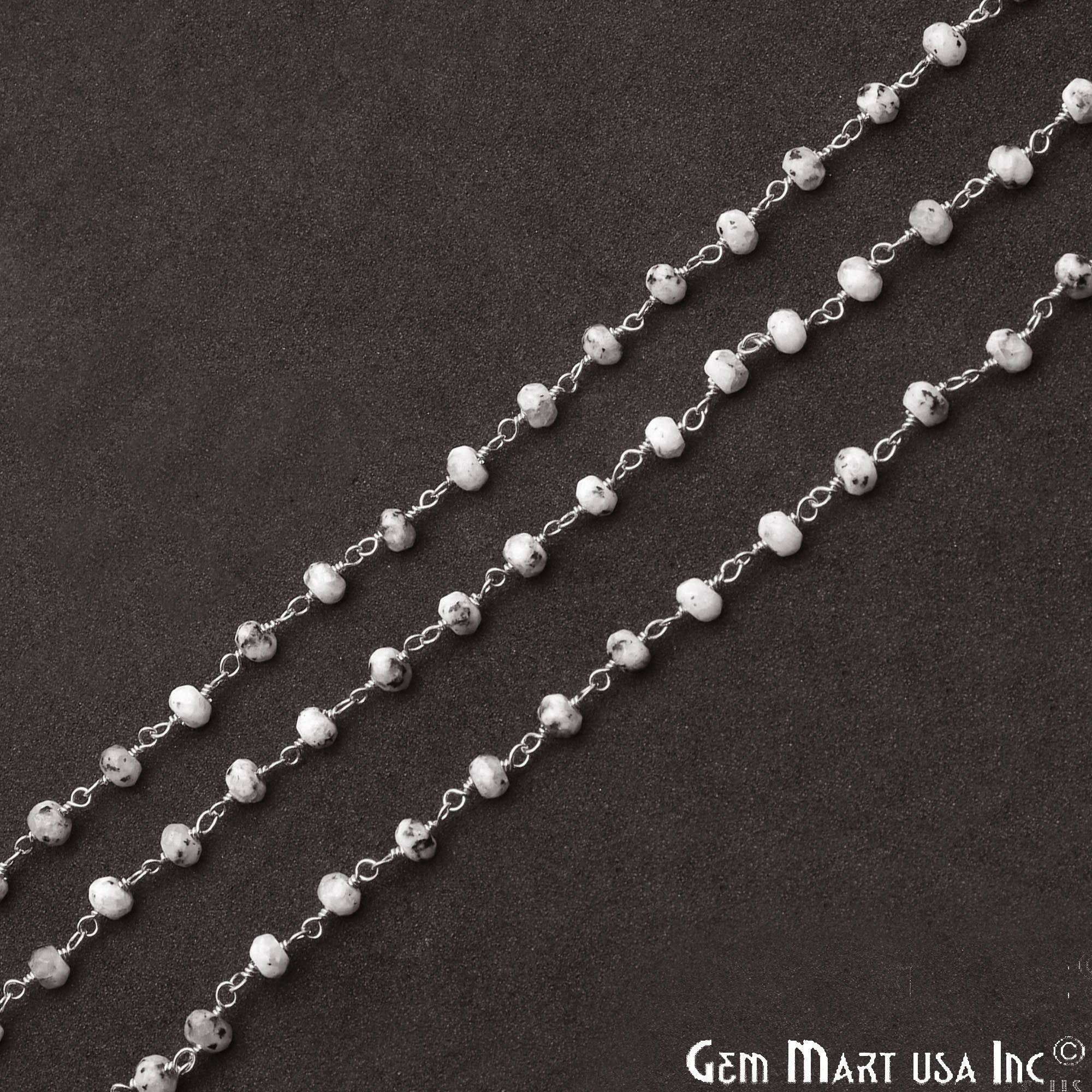 Dendrite Opal Jade Faceted Beads 4mm Oxidized Plated Wire Wrapped Rosary Chain - GemMartUSA