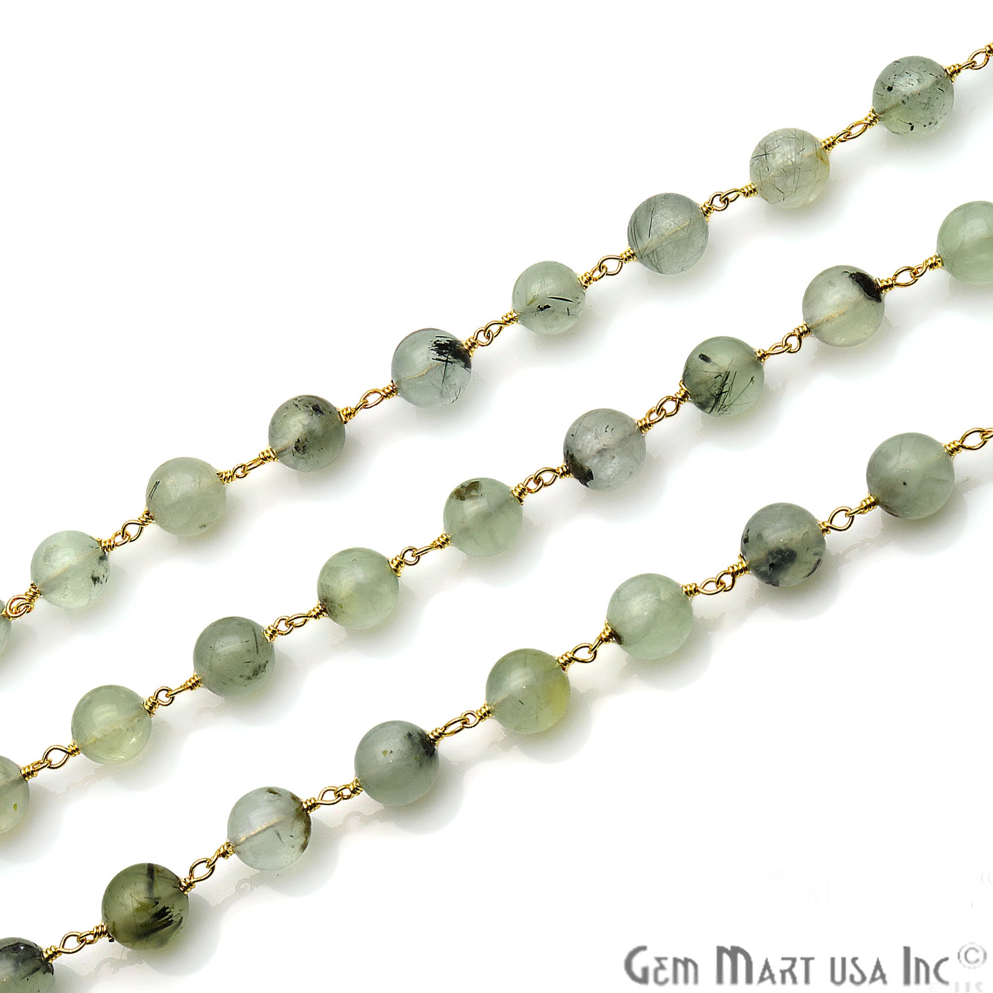Prehnite Smooth Beads 8mm Gold Plated Wire Wrapped Gemstone Rosary Chain - GemMartUSA