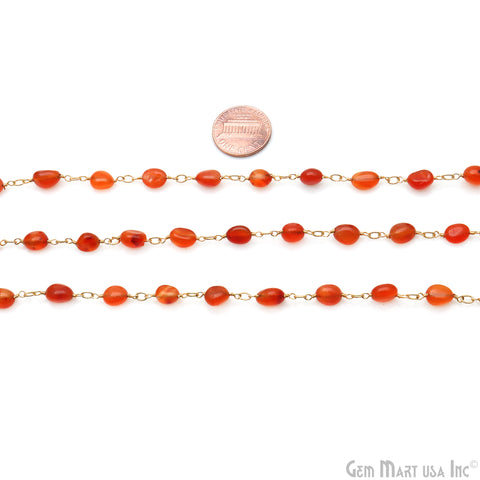 Carnelian Tumble Beads 8x5mm Gold Wire Wrapped Rosary Chain