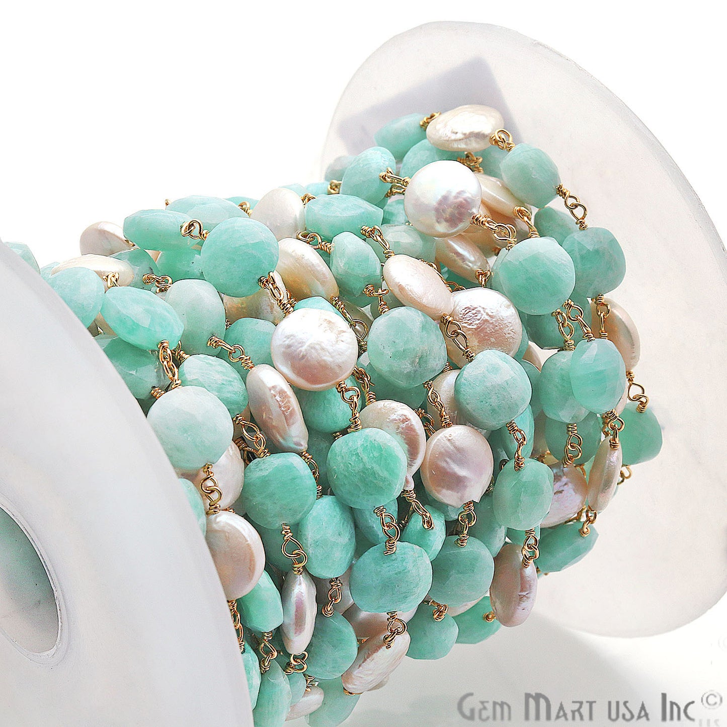 Amazonite & Pearl Round Rough Beads Gold Plated Rosary Chain - GemMartUSA