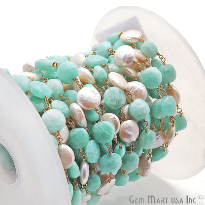 Amazonite & Pearl Round Rough Beads Gold Plated Rosary Chain - GemMartUSA
